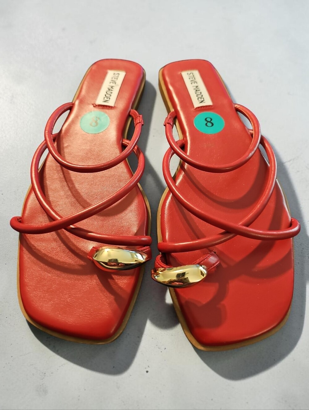 Nwt Steve Madden Red Strappy Slide Sandals with Gold Accent Detail